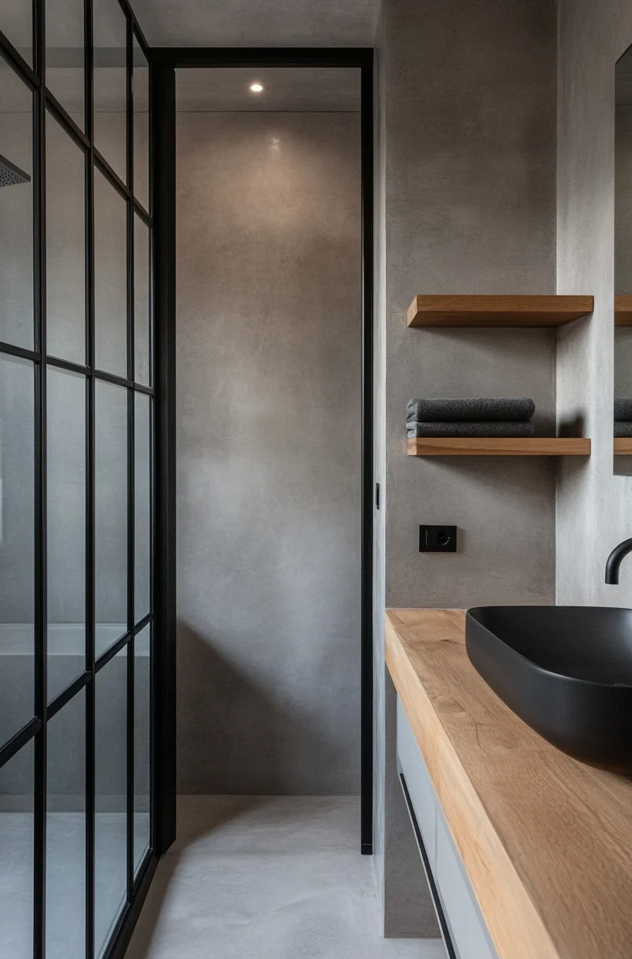 Gri microcement duvarlı banyo ve lavabo alanı