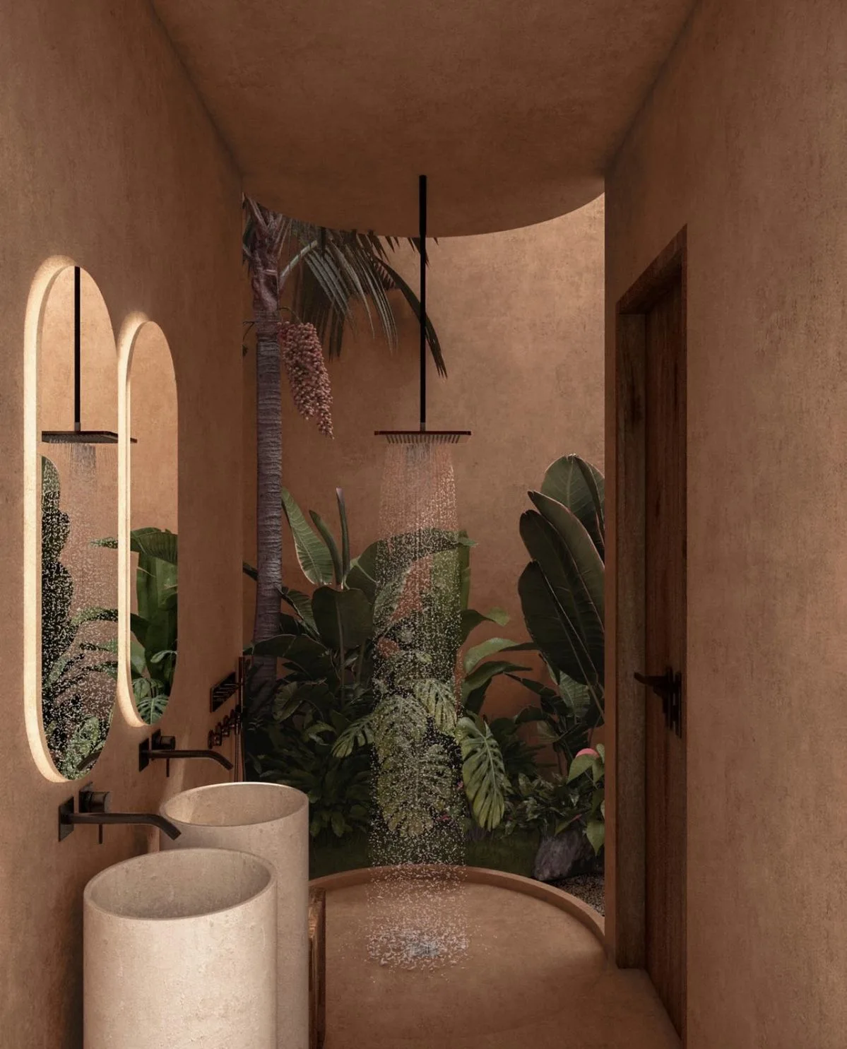 Terrakota microcement duvarlı banyo, ayna ve lavabo detayı