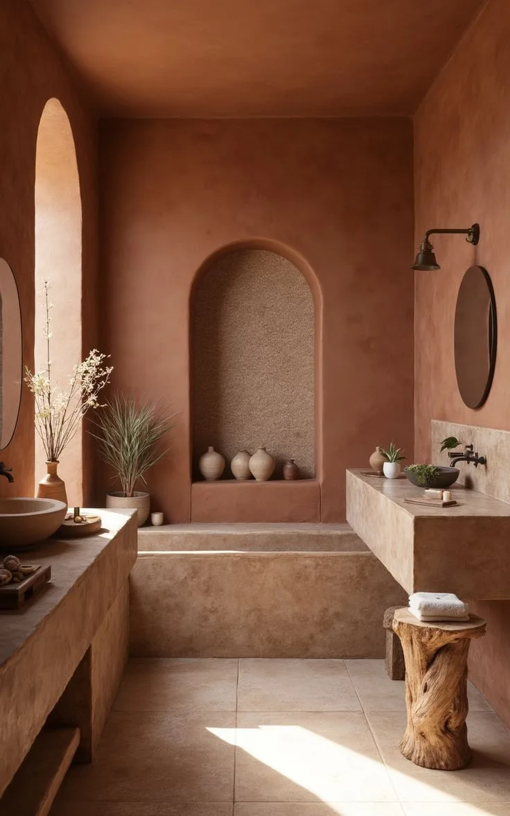 Terrakota ton microcement duvarlı nişli banyo