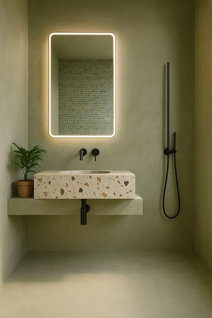 Yeşil ton microcement duvarlı banyo ve terrazzo lavabo