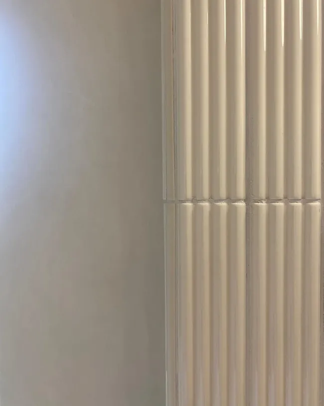Duş perdesi yanında açık tonlu microcement duvar yüzeyi