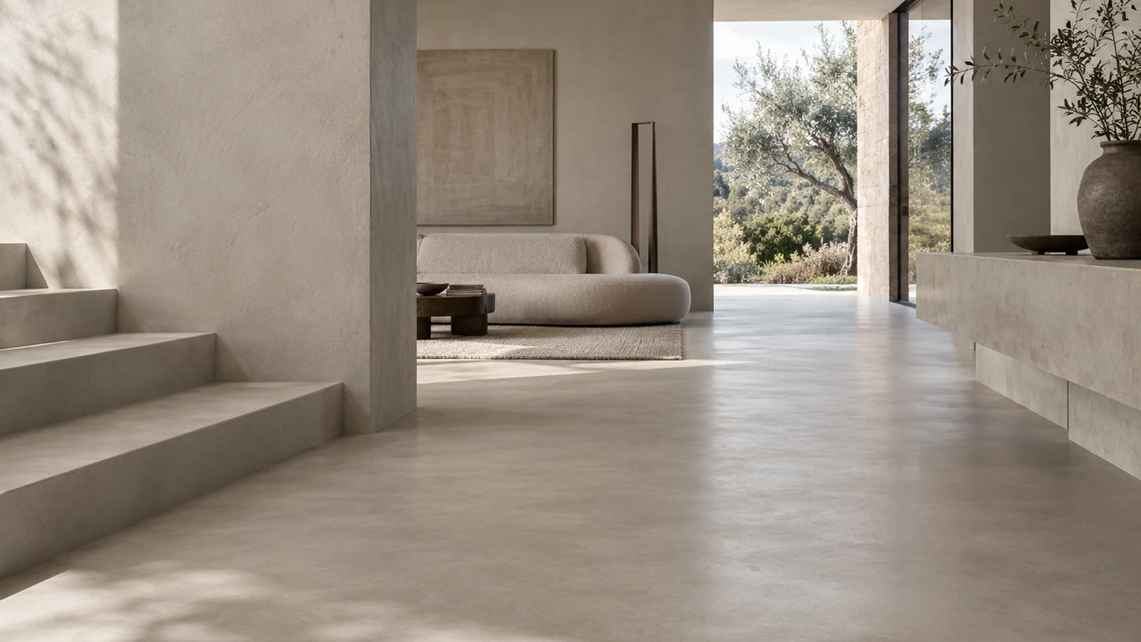 Microcement zemin uygulaması bulunan modern iç mekan